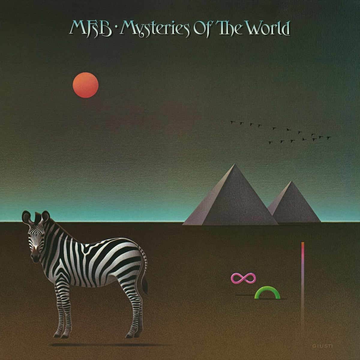 Portada del vinilo MFSB – Mysteries Of The World con cebra, pirámides y sol rojo en arte surrealista, reedición Be With Records LP remasterizado.