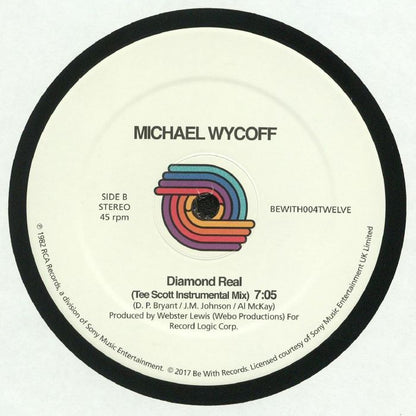Portada trasera del vinilo de Michael Wycoff – Looking Up To You / Diamond Real. Publicado por Be With Records, formato 12". Detalla el lado B con "Diamond Real (Tee Scott Instrumental Mix)" y créditos adicionales.