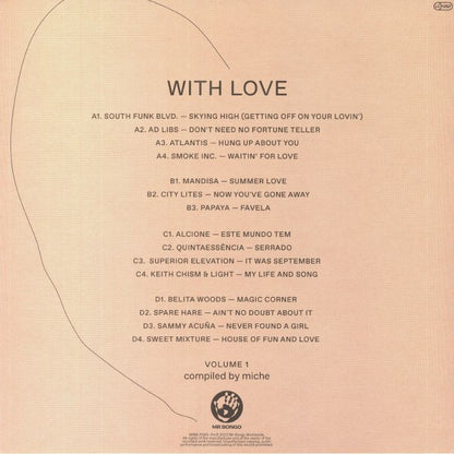 Contraportada del vinilo Miche – With Love Volume 1 con listado completo de pistas A–D, créditos y logo de Mr Bongo, compilación 2 x LP.