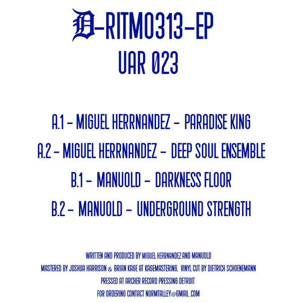 Contraportada de vinilo Miguel Herrnandez / Manuold – D-Ritmo 313 EP con tracklist completo A1, A2, B1, B2 y créditos del EP 12" de Upstairs Asylum Recordings.