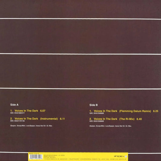 Contraportada del vinilo Mike Cannon – Voices In The Dark de ZYX Music mostrando las pistas, remixes y créditos sobre fondo marrón con líneas blancas.