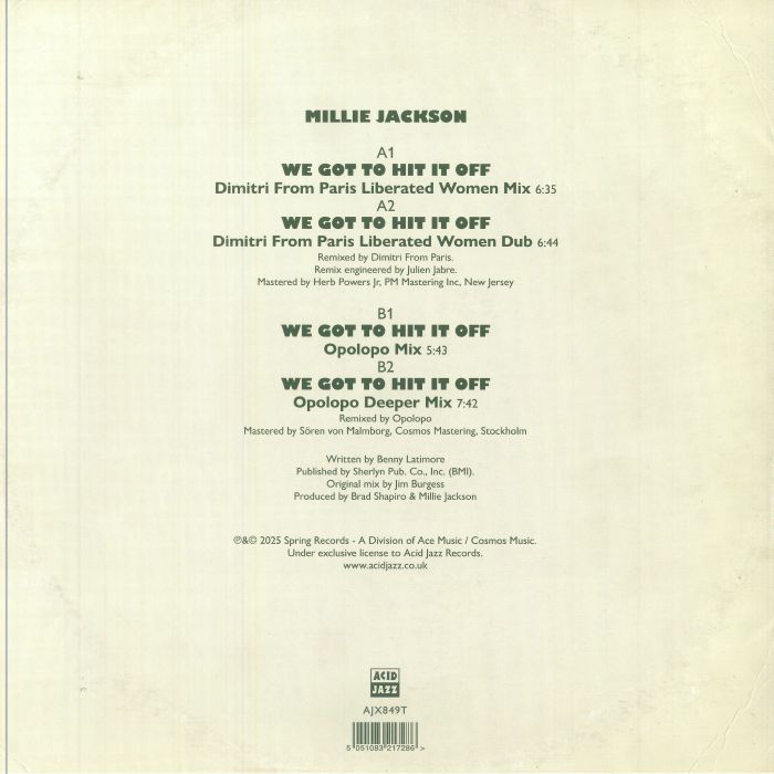 Contraportada del vinilo Millie Jackson – We Got To Hit It Off con detalles de mezclas, créditos completos y el logo de Acid Jazz.