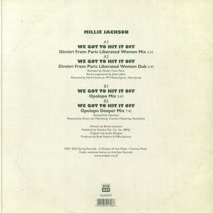 Contraportada del vinilo Millie Jackson – We Got To Hit It Off con detalles de mezclas, créditos completos y el logo de Acid Jazz.