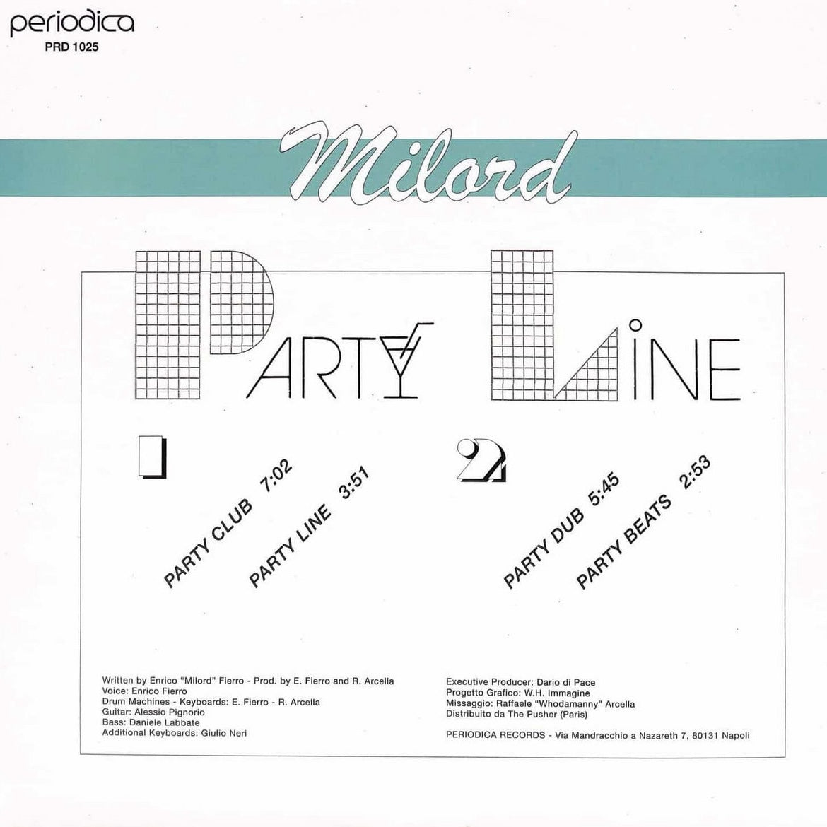 Contraportada del vinilo Milord – Party Line 12" Maxi-Single con créditos, pistas y diseño gráfico minimalista de Periodica Records.