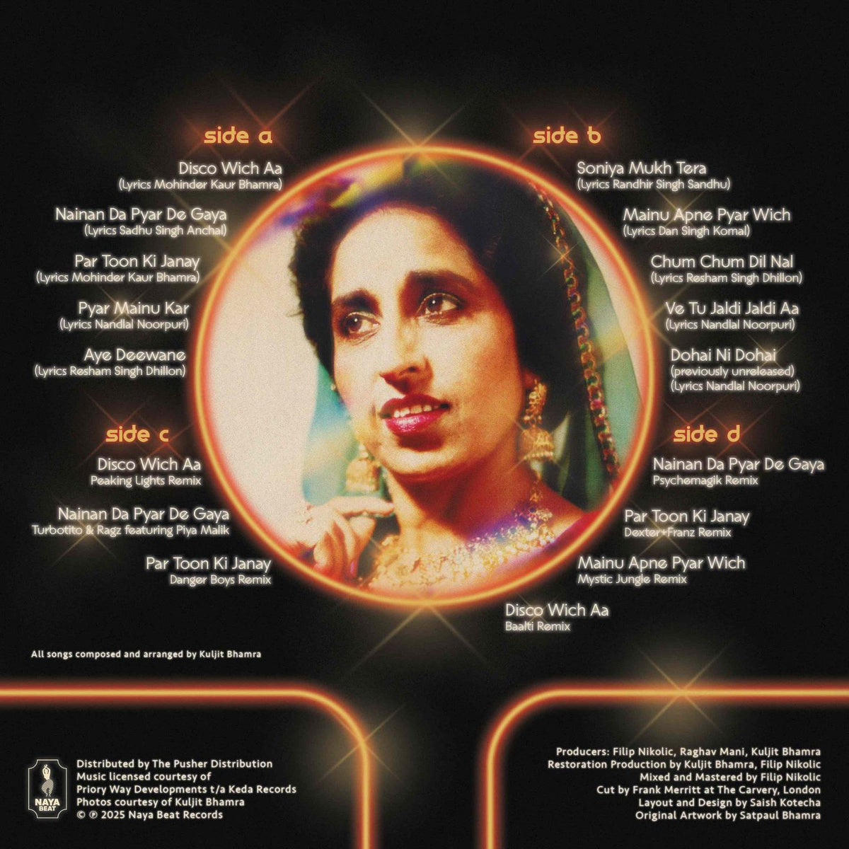 Vinilo Mohinder Kaur Bhamra – Punjabi Disco con tracklist completa lados A-D, retrato central y créditos Naya Beat Records.