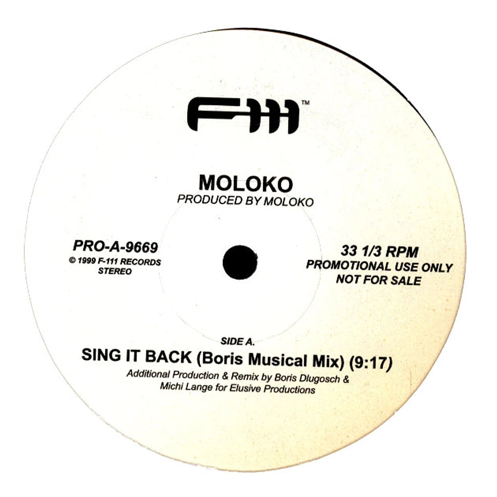 Portada delantera del vinilo Moloko – Sing It Back (Remixes) publicado por F-111 Records en formato 12". Diseño minimalista con información de producción.