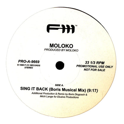Portada delantera del vinilo Moloko – Sing It Back (Remixes) publicado por F-111 Records en formato 12". Diseño minimalista con información de producción.