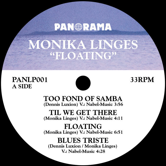 Etiqueta central lado A del vinilo Monika Linges – Floating de Panorama con lista de 4 temas, duraciones y créditos visibles.