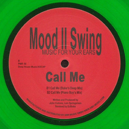 Portada trasera del vinilo 12" verde edición limitada de Mood II Swing - Move Me, lanzado por Power Music Records. Incluye lista de canciones y créditos.