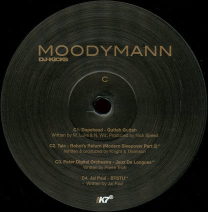 Etiqueta central del lado C del vinilo Moodymann – DJ-Kicks con tracks de Dopehead, Talc, Peter Digital Orchestra y Jai Paul en !K7.