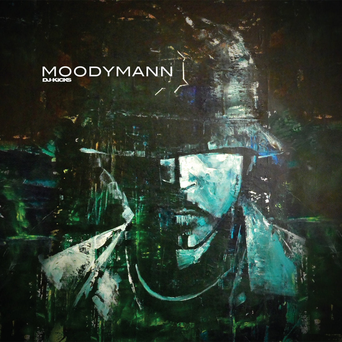 Retrato abstracto en tonos verdes y negros en la portada del vinilo Moodymann – DJ-Kicks editado por !K7 Records en formato 3 x LP.