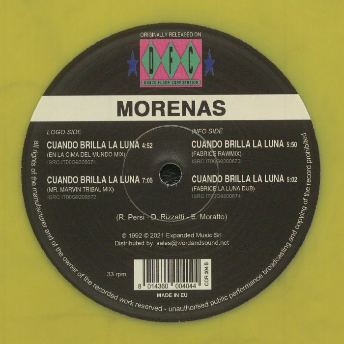 Portada del vinilo Morenas - Cuando Brilla La Luna publicado por Club Culture Rarities. Edición en vinilo amarillo de 12". Texto impreso: "Club Culture Rarities", "Morenas", "Cuando Brilla La Luna".