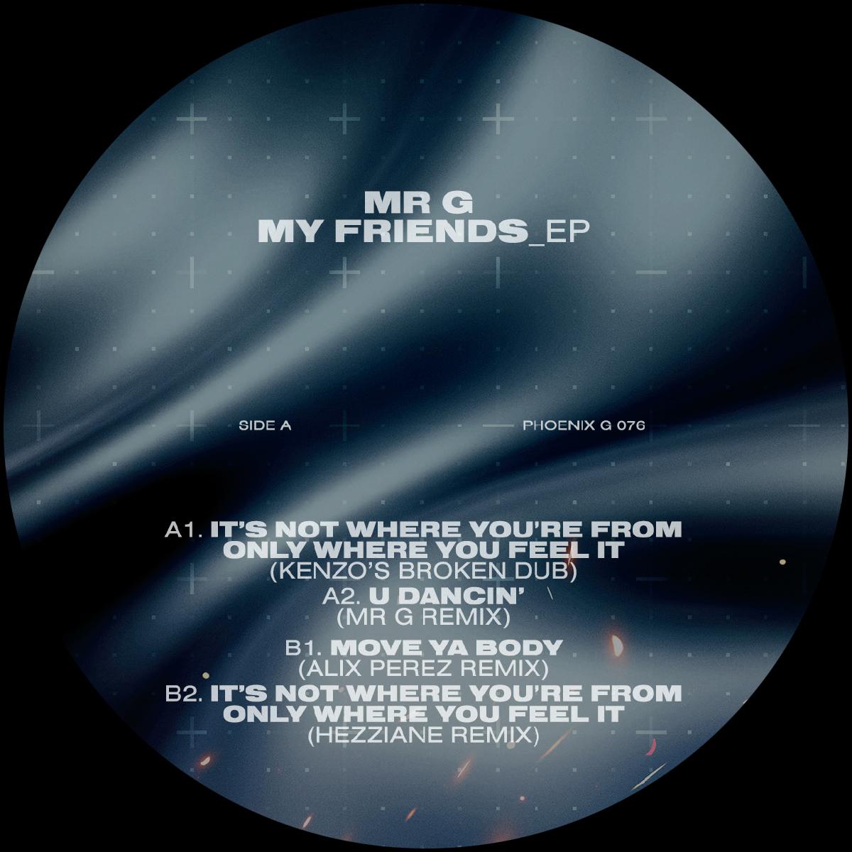 Etiqueta central del vinilo Mr. G – My Friends EP en 12", lado A, con listado de pistas, remixes y créditos de Phoenix G. en catálogo Q076.