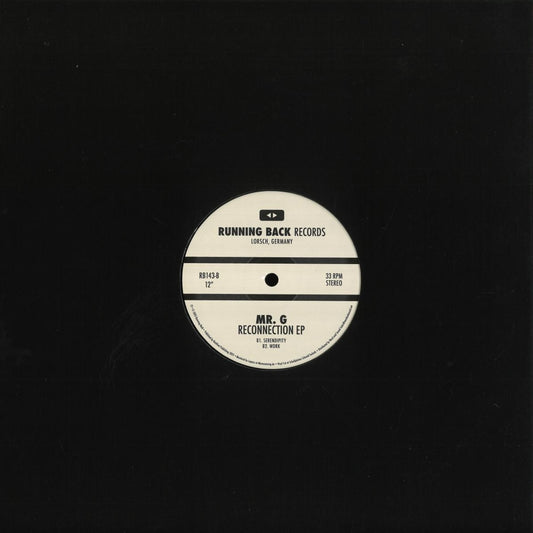 Vinilo Mr. G – Reconnection EP mostrando la etiqueta central del lado B con pistas, RPM y catálogo del sello Running Back en formato 12", EP.
