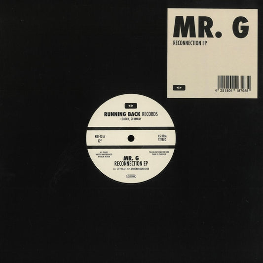 Vinilo Mr. G – Reconnection EP del sello Running Back con funda negra, sticker frontal y etiqueta A-side con pistas, créditos y catálogo.