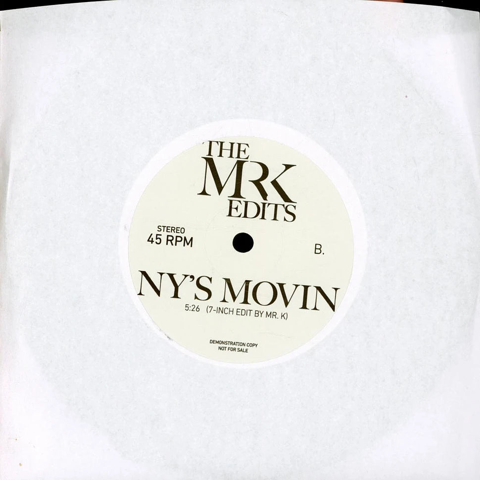 Lado B del vinilo Mr. K – Hey Roots / NY's Movin; etiqueta crema con “NY's Movin” y texto demonstration copy.