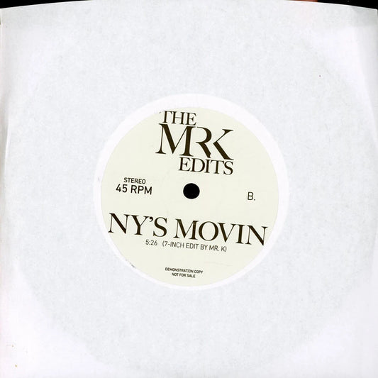 Lado B del vinilo Mr. K – Hey Roots / NY's Movin; etiqueta crema con “NY's Movin” y texto demonstration copy.