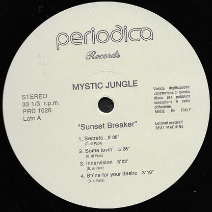 Etiqueta central del lado A del vinilo Mystic Jungle – Sunset Breaker, con 4 pistas, duración visible y créditos de producción.
