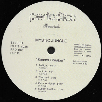 Etiqueta central del lado B del vinilo Mystic Jungle – Sunset Breaker con 5 tracks, tiempos detallados y edición de Beat Machine.