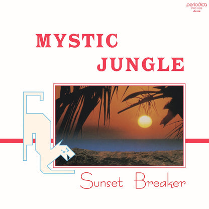 Portada del vinilo Mystic Jungle – Sunset Breaker con arte tropical al atardecer y estética retro del sello Periodica Records.