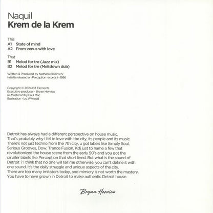 Contraportada del vinilo Naquil – Krem De La Krem en D3 Elements, con créditos, listado de pistas y texto sobre la escena house de Detroit, formato 12" reedición remasterizada.