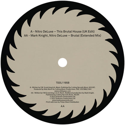 Lado B del vinilo Nitro Deluxe / Mark Knight – This Brutal House, marcado AA, con tracklist, créditos y catálogo TOOL1195B.