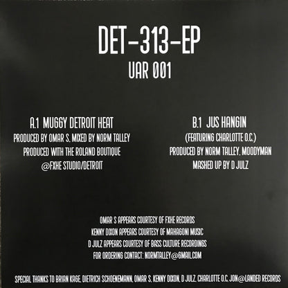 Contraportada del vinilo Norm Talley, Moodymann, Omar S – Det-313-EP con listado de pistas, créditos de producción y sello Upstairs Asylum Recordings.