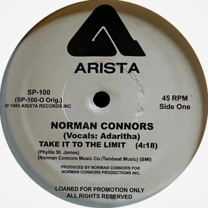 Etiqueta central del vinilo Norman Connors – Take It To The Limit lado A, 45 RPM Arista, duración 4:18, créditos de Phyllis St. James.