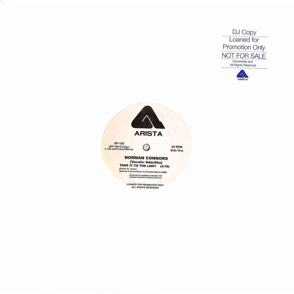 Portada del vinilo 12 pulgadas promo de Norman Connors – Take It To The Limit con etiqueta blanca Arista, lado A destacado.