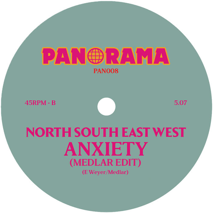 Etiqueta central del lado B del vinilo North South East West – Anxiety de Panorama, con versión Medlar Edit, duración 5:07 y tipografía magenta sobre fondo gris.
