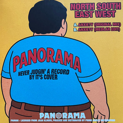 Contraportada del vinilo North South East West – Anxiety de Panorama con personaje de espaldas y listado de pistas A y B, sobre fondo amarillo brillante.