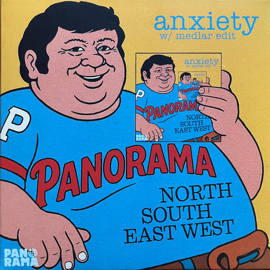 Ilustración colorida del vinilo North South East West – Anxiety de Panorama, con figura sonriente sosteniendo la propia portada sobre fondo amarillo y azul.