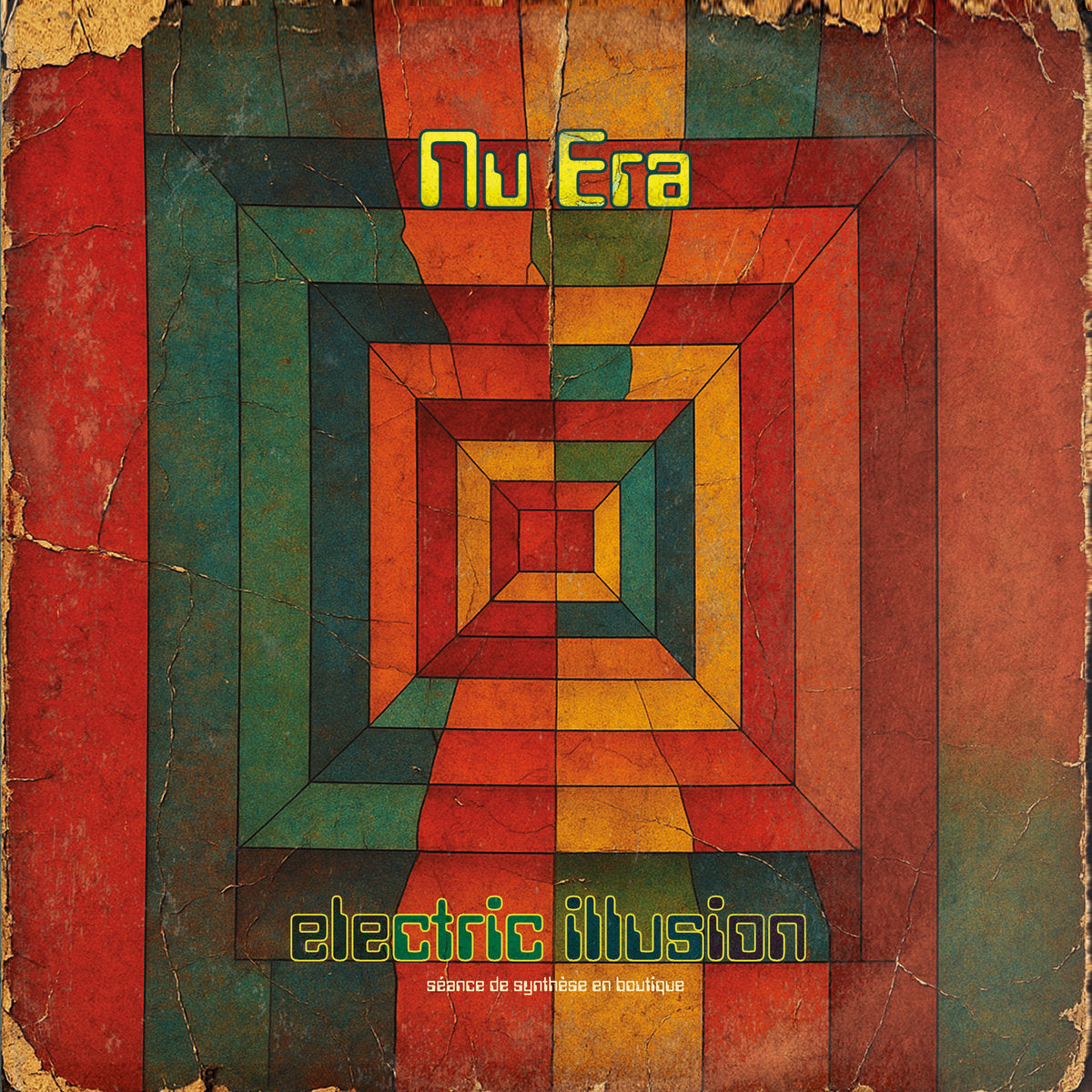 Arte geométrico vintage en la portada del vinilo Nu Era – Electric Illusion de Omniverse, 12" EP.