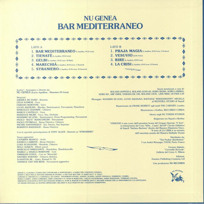 Portada trasera del vinilo Bar Mediterraneo de Nu Genea, editado por NG Records en LP. Lista de canciones, créditos y detalles técnicos del álbum.