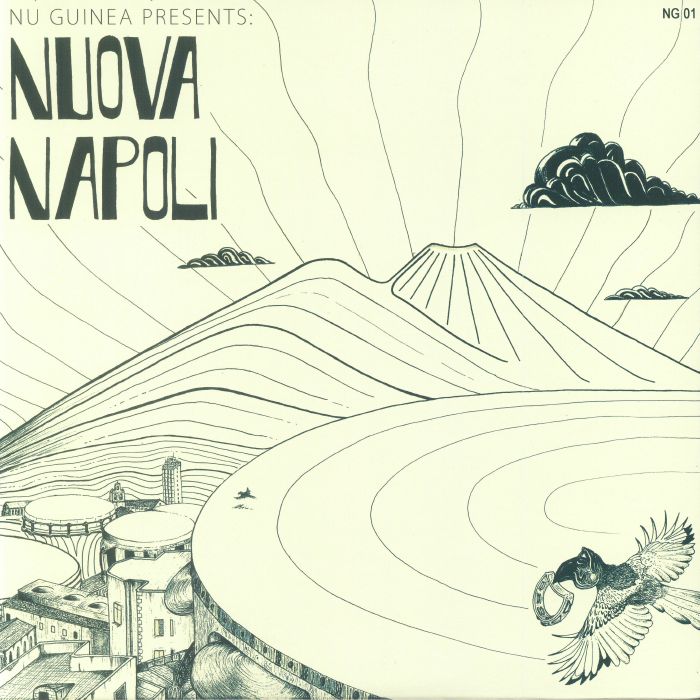 Portada del vinilo Nuova Napoli de Nu Genea, lanzado por NG Records en formato LP. Diseño artístico en blanco y negro con ilustración del Vesubio y el título del álbum en gran tipografía.