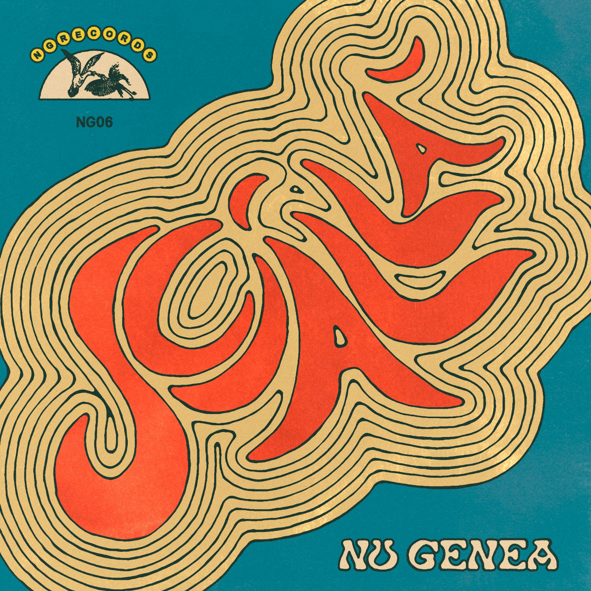 Portada del vinilo Nu Genea – Sciallà en NG Records con diseño psicodélico en tonos naranja y dorado.