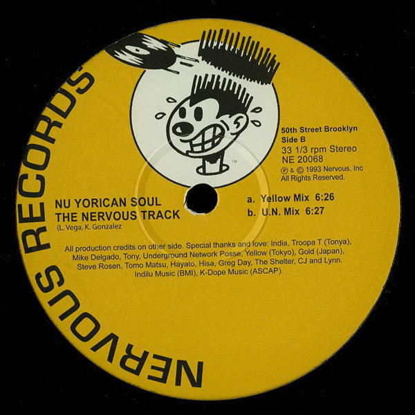 Portada trasera del vinilo Nu Yorican Soul – The Nervous Track, editado por Nervous Records en 12" reedición. Lado B con mezclas Yellow y U.N., más créditos y dedicatorias impresas.
