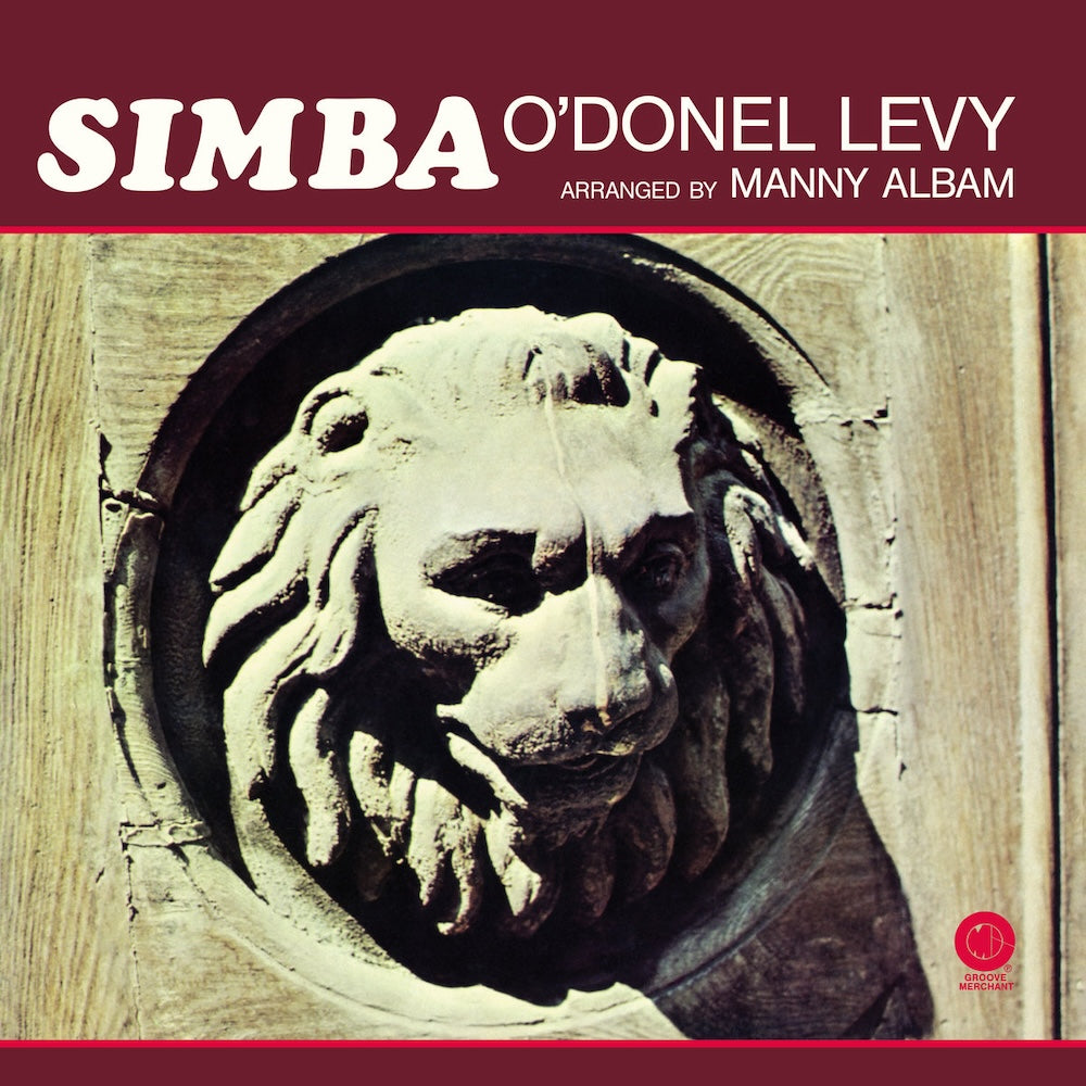 Portada delantera del vinilo “Simba” de O'Donel Levy, lanzado por el sello Mr Bongo en formato LP. Diseño con relieve de un león en madera.
