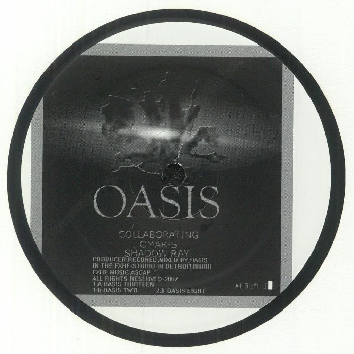 Portada delantera del vinilo Oasis – Thirteen / Two / Eight (12" FXHE Record). Incluye el logotipo del sello y detalles sobre la producción y mezcla de Oasis en Detroit.