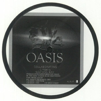 Portada delantera del vinilo Oasis – Thirteen / Two / Eight (12" FXHE Record). Incluye el logotipo del sello y detalles sobre la producción y mezcla de Oasis en Detroit.