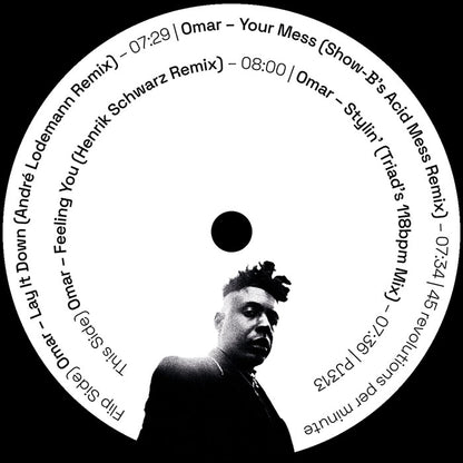 Etiqueta central del vinilo Omar Feat. Stevie Wonder – The Remixes (12", Peppermint Jam) con cuatro remezclas: “Lay It Down (André Lodemann Remix)”, “Feeling You (Henrik Schwarz Remix)”, “Your Mess (Show-B’s Acid Mess Remix)” y “Stylin’ (Triad’s 118bpm Mix)”. Diseño limpio en blanco y negro con retrato de Omar en la parte inferior y detalles visibles de duración, créditos y catálogo del vinilo.