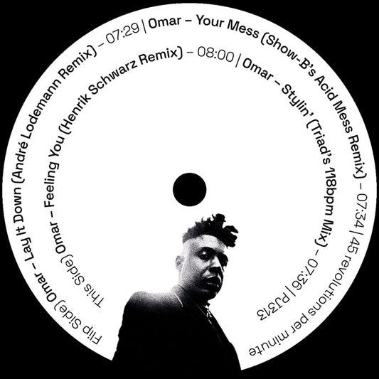 Etiqueta central del vinilo Omar Feat. Stevie Wonder – The Remixes (12", Peppermint Jam) con cuatro remezclas: “Lay It Down (André Lodemann Remix)”, “Feeling You (Henrik Schwarz Remix)”, “Your Mess (Show-B’s Acid Mess Remix)” y “Stylin’ (Triad’s 118bpm Mix)”. Diseño limpio en blanco y negro con retrato de Omar en la parte inferior y detalles visibles de duración, créditos y catálogo del vinilo.