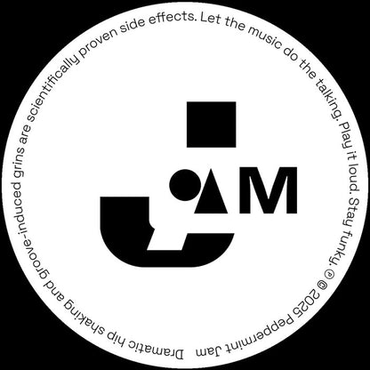 Etiqueta del lado B del vinilo Omar Feat. Stevie Wonder – The Remixes (12", Peppermint Jam) con el logotipo geométrico del sello Peppermint Jam en negro sobre fondo blanco y texto circular que anima a “let the music do the talking” y “stay funky”.