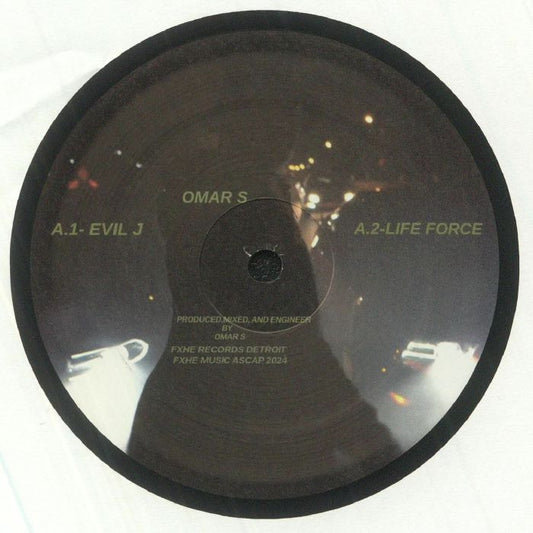 Portada delantera del vinilo Omar S – All The Little Hands Around, publicado por FXHE Records. Incluye los títulos "Evil J" y "Life Force".