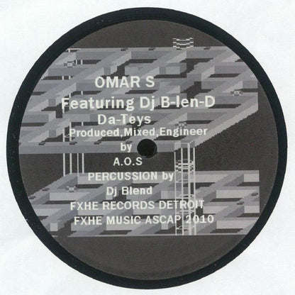 Contraportada del vinilo "Omar S – Da Teys" publicado bajo el sello FXHE Records (12"). Créditos del productor Roy Davis Jr. y el sello FXHE.