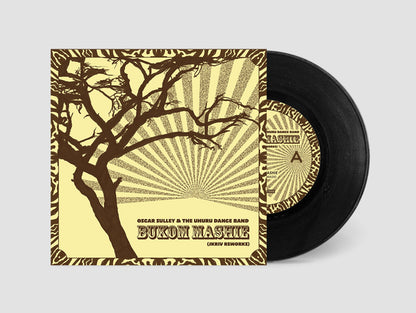 Portada del vinilo Oscar Sulley & The Uhuru Dance Band – Bukom Mashie (JKriv Reworks), con arte gráfico en tonos marrones, sol radiante y marco tribal en edición 7", 45 RPM de Razor-N-Tape 45.