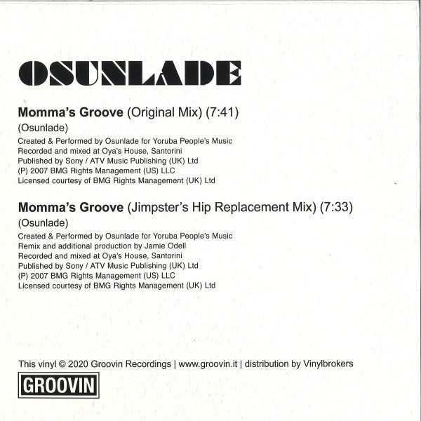 Contraportada del vinilo Osunlade – Momma's Groove con créditos, mezclas, duraciones y logo de Groovin Recordings en formato 12", reedición.