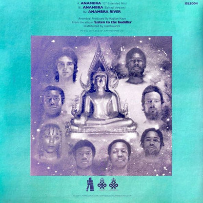 Contraportada del vinilo Ozo – Anambra con tracklist, créditos y la misma ilustración central budista sobre fondo turquesa intenso.