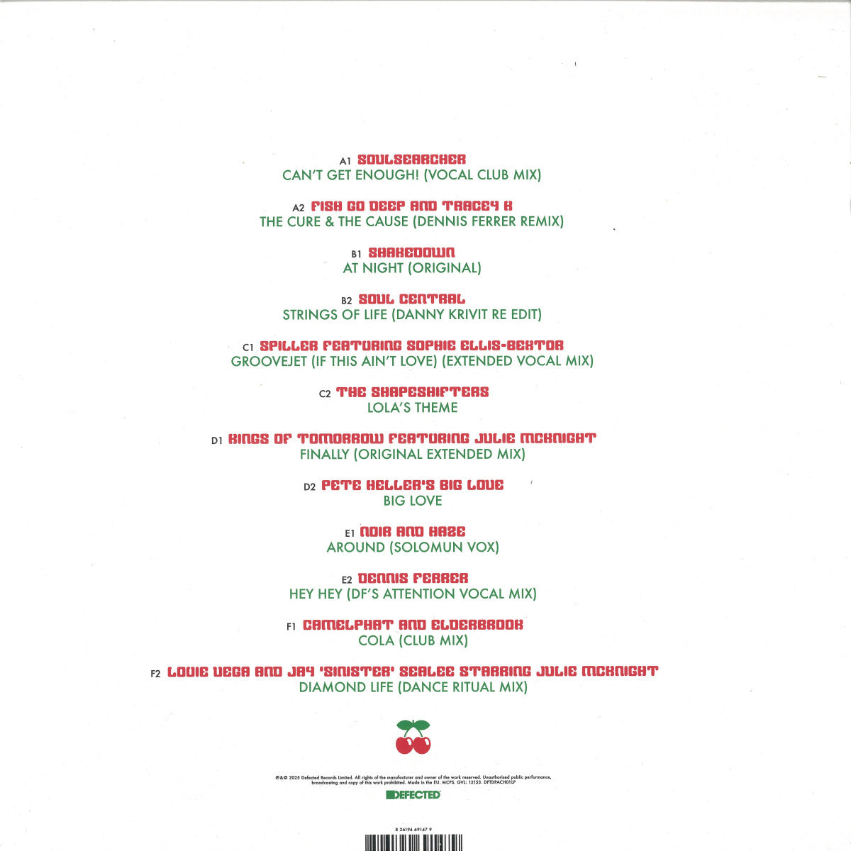 Contraportada del vinilo Varios Artistas – Pacha House Classics con listado completo de las 12 pistas.