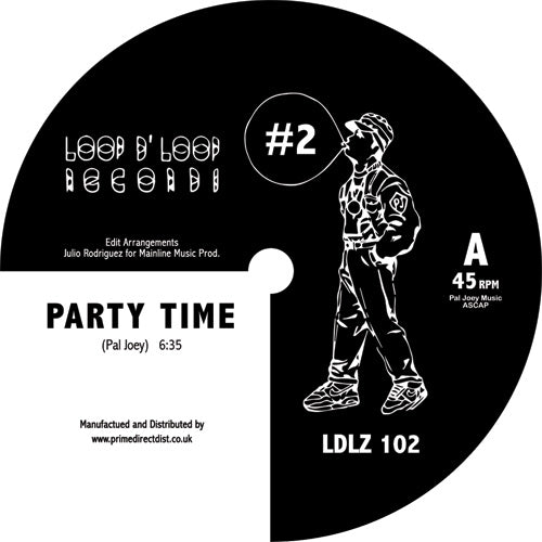 Portada delantera del vinilo de Pal Joey – #2 editado por Loop D' Loop en formato 12", reedición. Texto impreso: Lado A con el tema “Party Time” (6:35), 45 RPM, créditos a Julio Rodríguez y sello LDLZ 102.